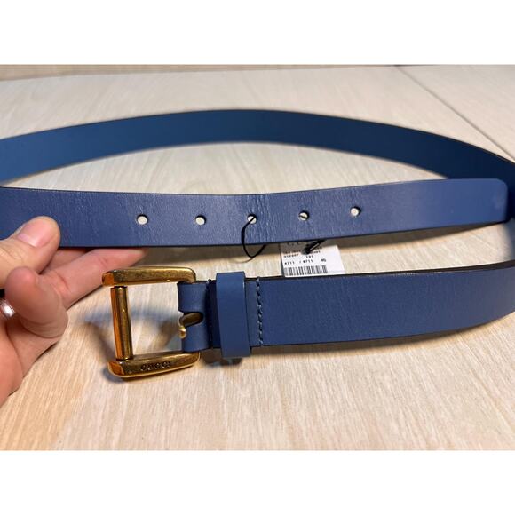 NWT Authentic Gucci Blue Leather Belt with Gold Buckle - Picture 8 of 10